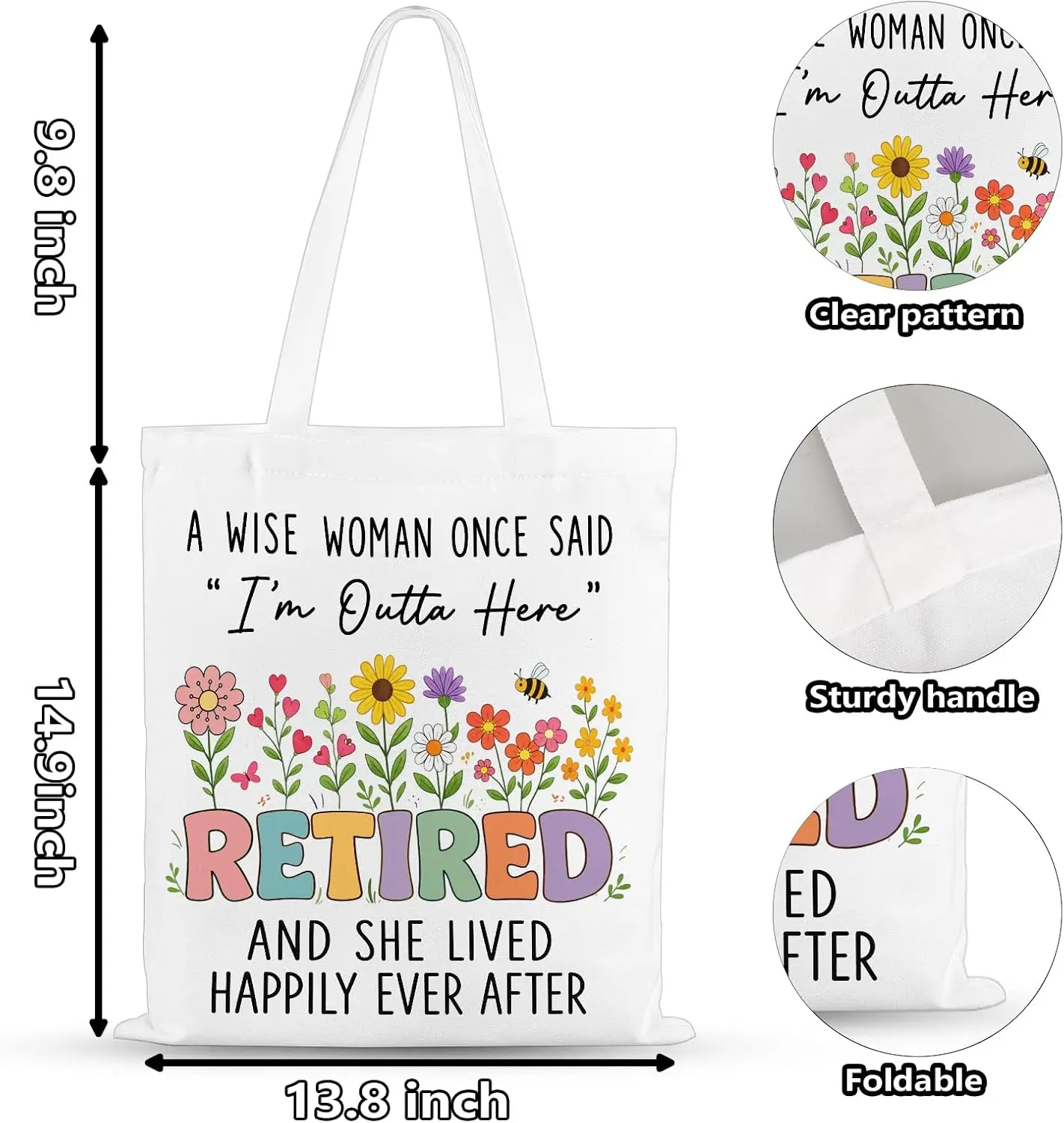 Retirement Celebration Canvas Shopping Bag Floral Retired Print Portable Tote Bag For Outings & Gifting