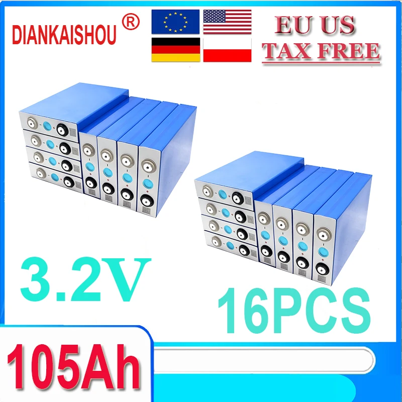 

16 pcs 3.2V LiFePO4 Battery Cell 105Ah Grade-A 4000+ Cycles 100% Full Capaticy LiFePO4 Battery with Screws Bus Bar