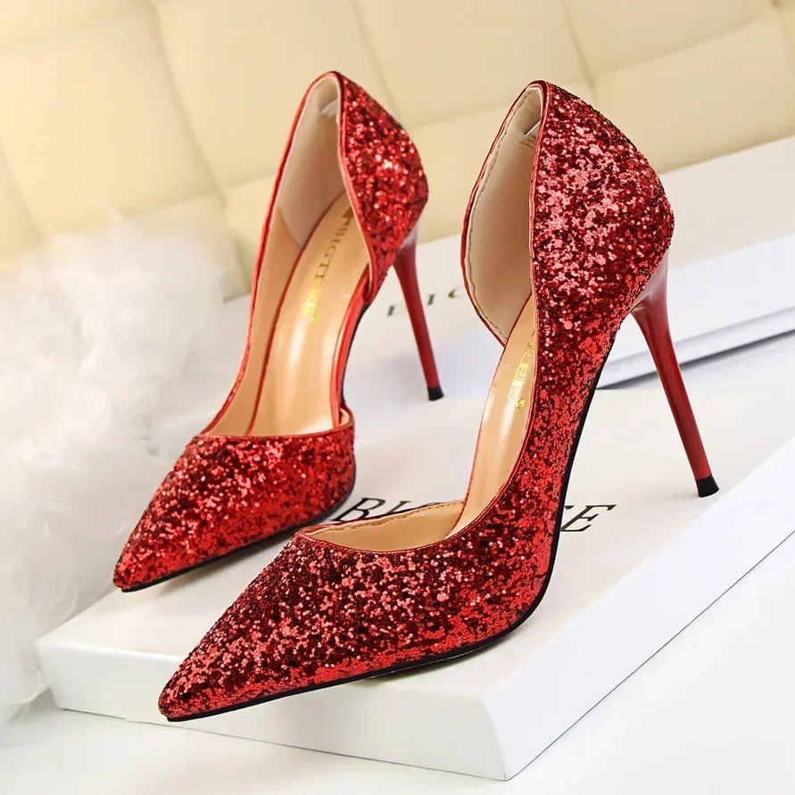 Women 9.5cm Sexy Party High Heels Bling Red Blue Pumps Lady Glitter Scarpins Stiletto Sequins Heels 2024 Wedding Shoes Plus Size