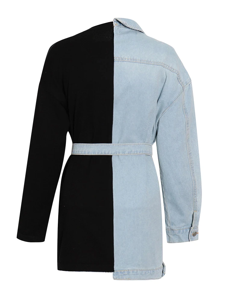 TWOTWINSTYLE Colorblock Streetwear Spliced Denim Coat For Women Lapel Long Sleeve Patchwork Lace Up Designer Jackets Female New
