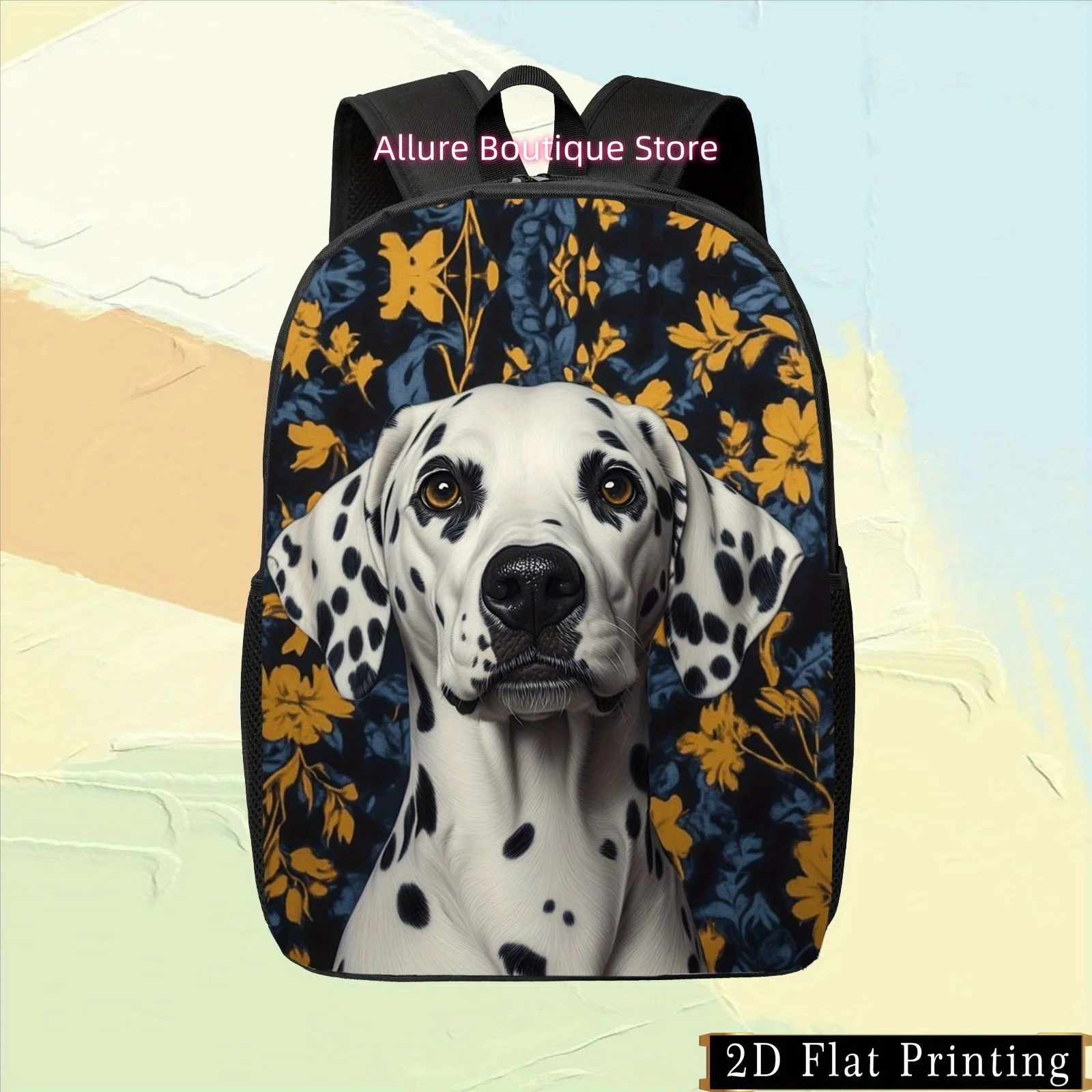 1pc Colorful Single-Sided Print Student Backpack,  Hand-Washed Print Zipper Design, Backpack with Blue and Yellow Floral Pattern