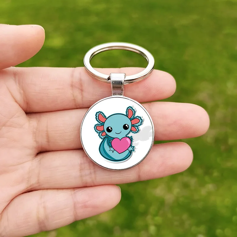 Hot Pet Axolotl Keychain Toy Glass Dome Cartoon Animal Pride Fashion Alloy Keyring for Men Women Axolotl Lovers Birthday Gift