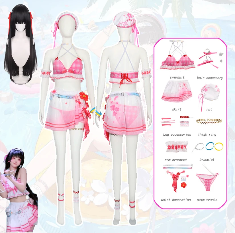2026 Anime Wuthering Waves Chisa Cosplay Costume Summer Swimsuit Skirt Bikini Wig Woman Outfit Beach Performance Disguise Stage