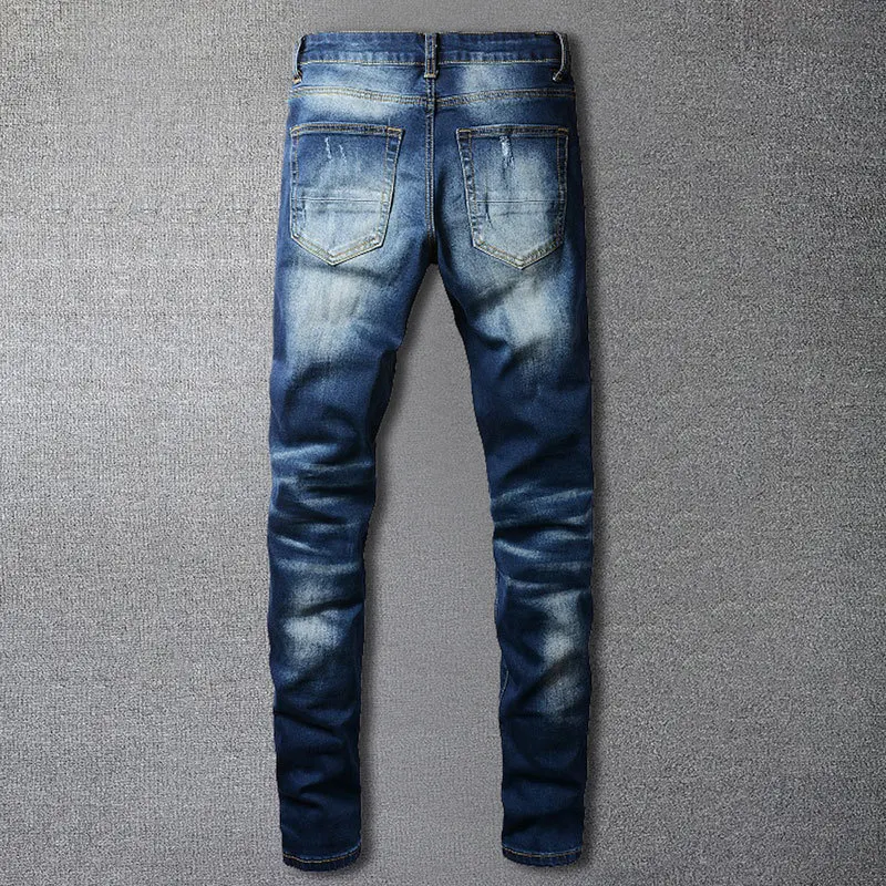 Fall Retro Contrast Color Stitching Ripped Hole Design Stretchy Jean Hip Hop Style Trouser For Men Pantalon Vaquero Hombre