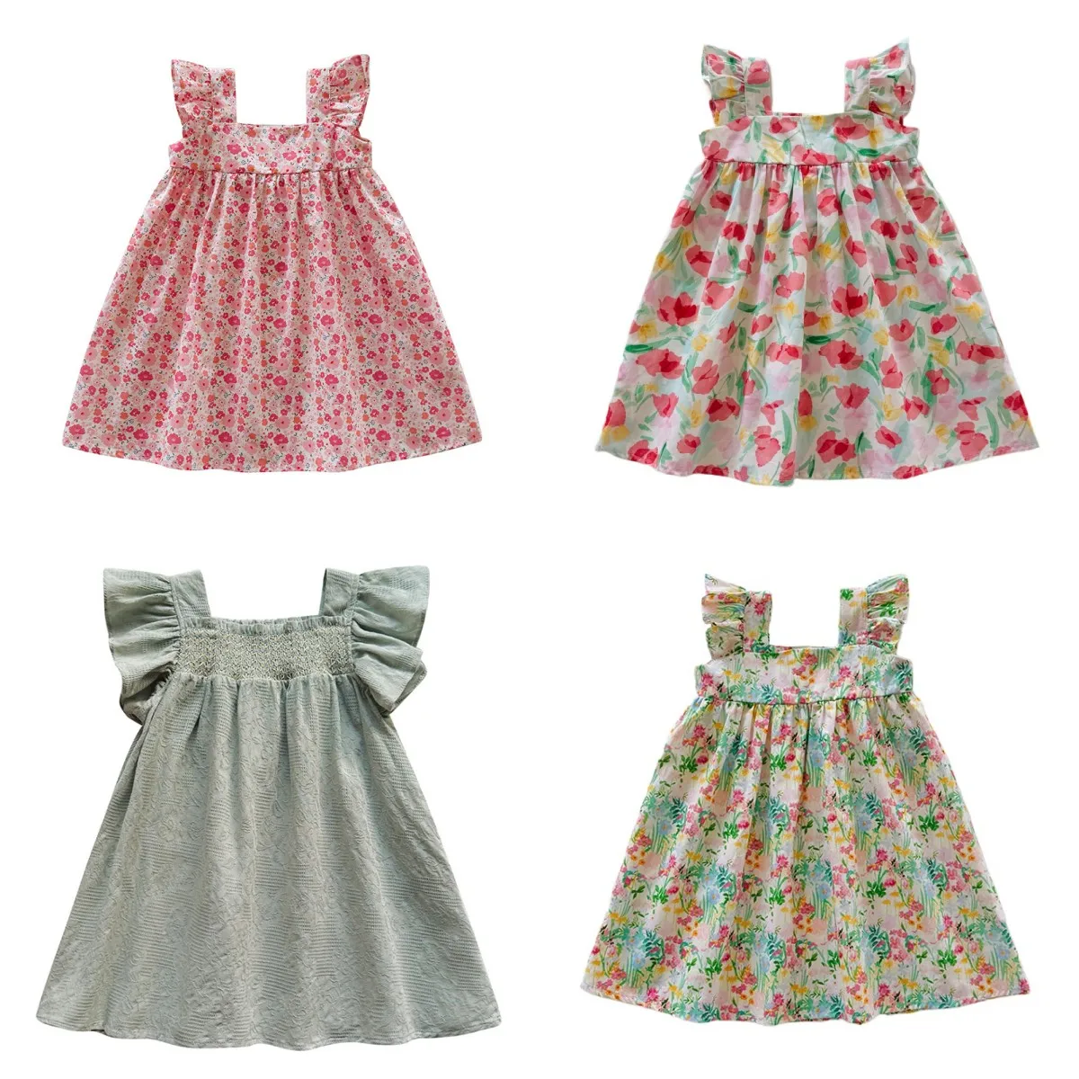 

Girls Dress 2025 Summer New Korean Cute Flower Print Kids Girls Dress Vacation Flying Sleeve Strap Princess Dresses