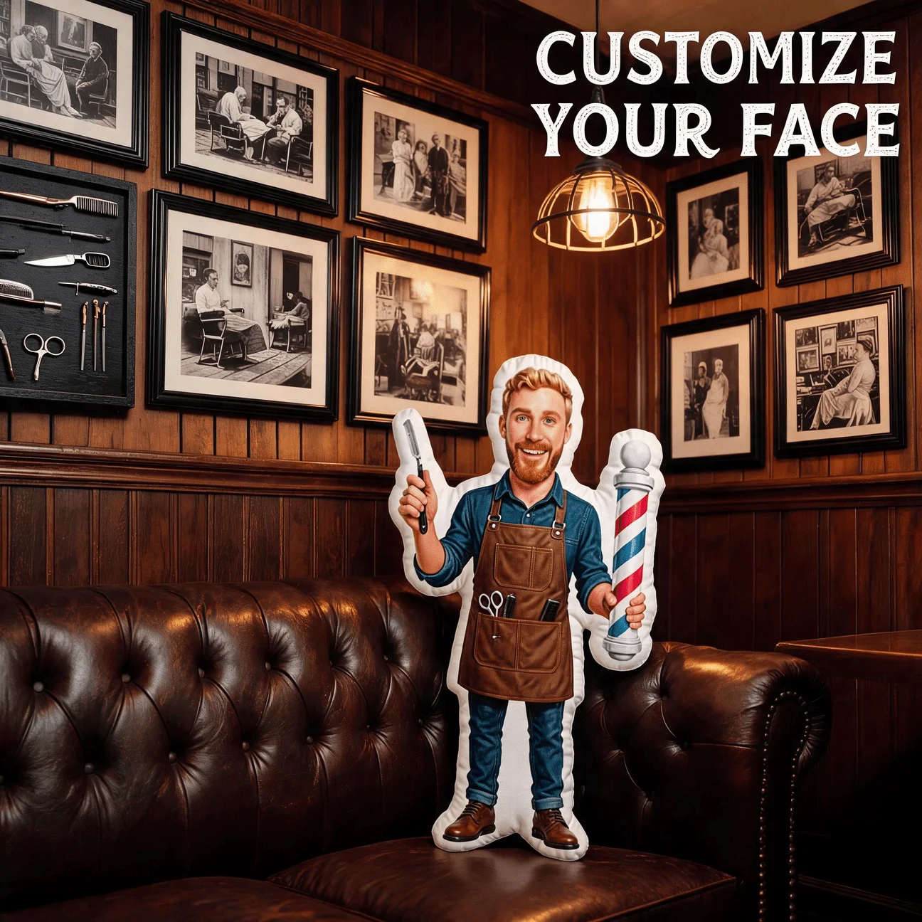 Custom Barber Photo Shaped Pillow, Personalized Face with Apron And Razor Decorative Cushion, Unique Home Decor Accent for Sofa