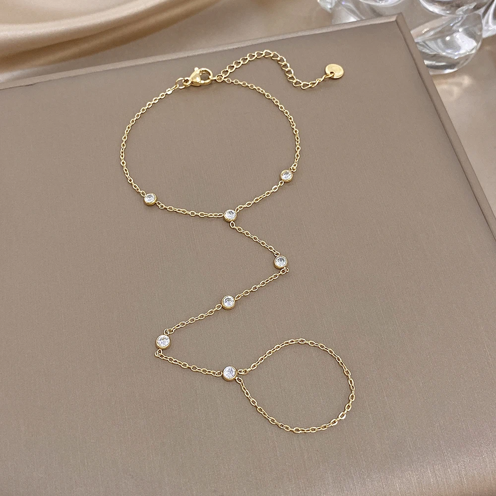 Chic Round Beads Zircon Bracelet for Women Gold Silver Color Stainless Steel Link Connected Finger Ring Bracelets Hand Jewelry - view 2