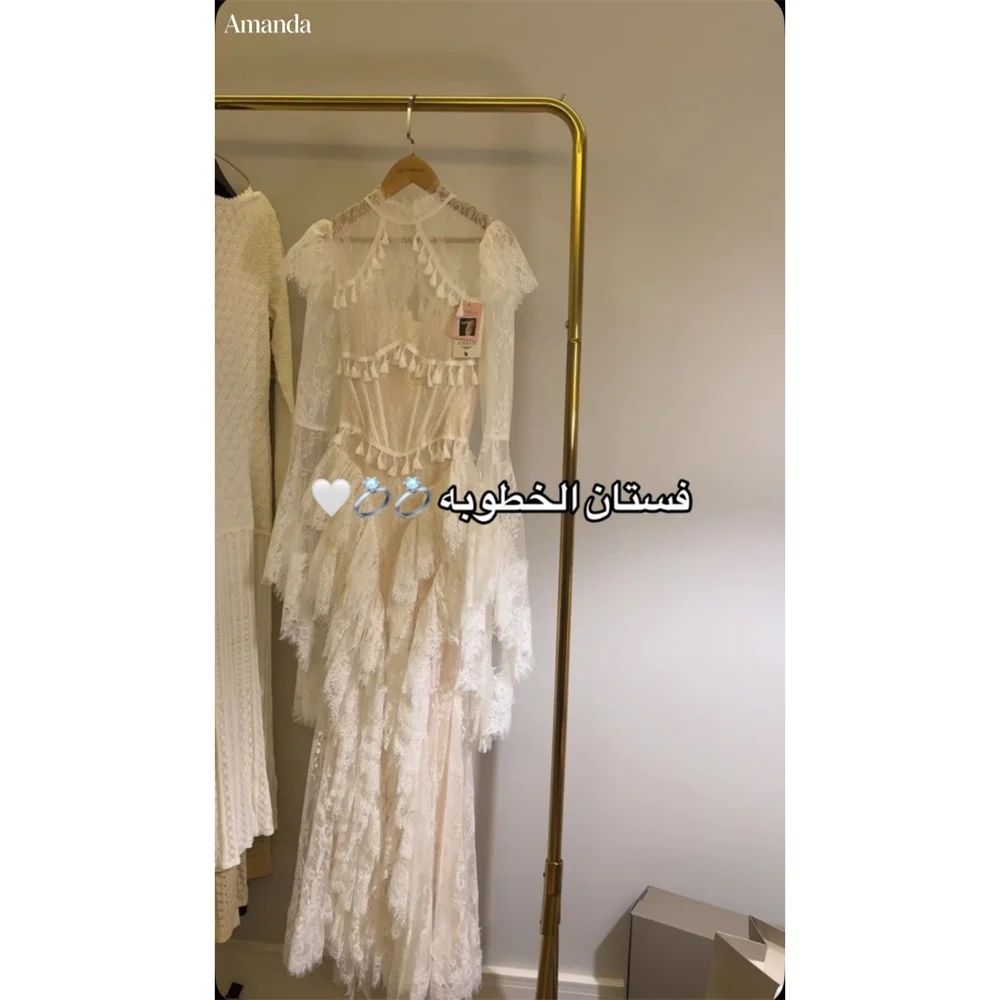 Amanda Customized High Neck Tassel Fringe Women's dresses Wedding guest dresses Asymmetric long flared sheer women’s summer Gown