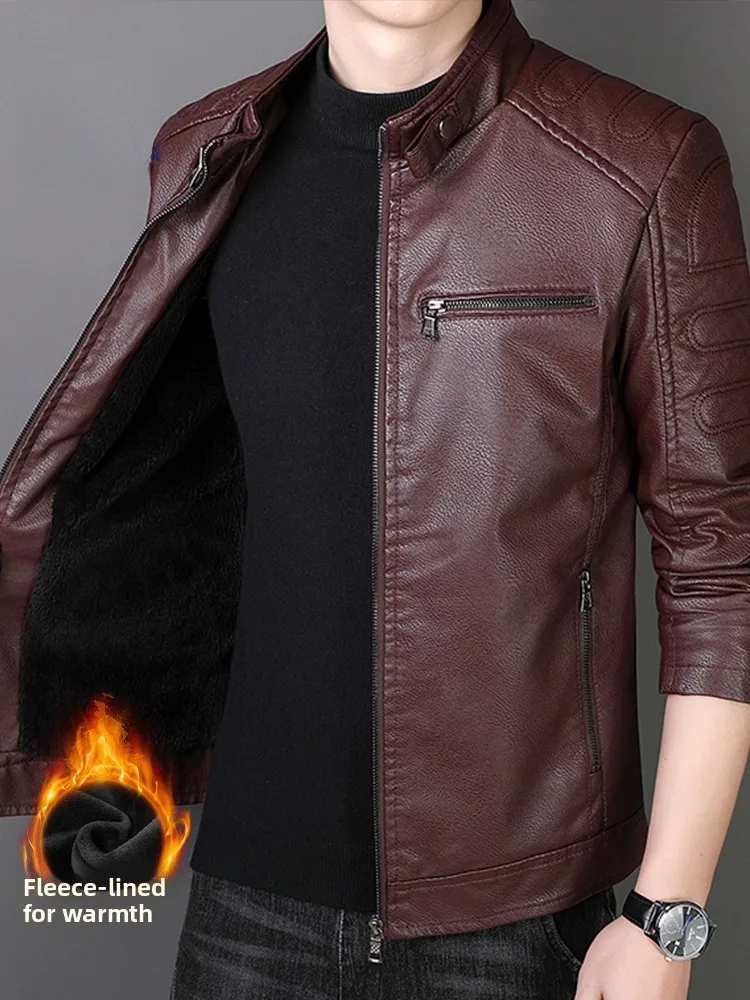 

Lnd Men's ort Stand Collar Fce Lined Thiened Leather Jaet Busin Casual Sle Autumn Winter Middle-aged Dad Coat