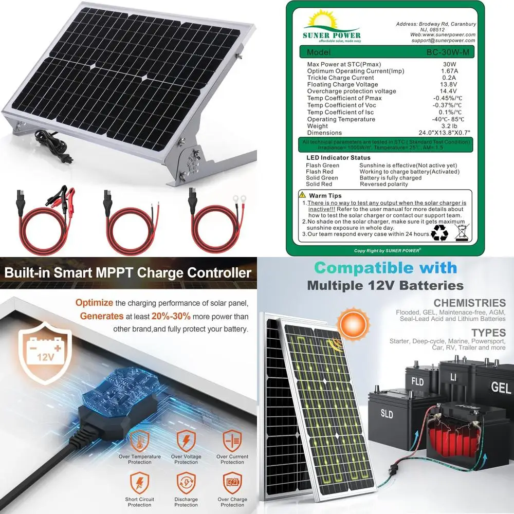 

30W 12V Solar Battery Maintainer with Smart MPPT Controller and Adjustable Mount for Car, Boat, RV, and Marine Use