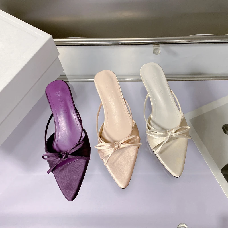 New Female Pointed Toe Ladies Low Heel Pumps Shoes Slip on Footwear Shallow Fashion Butterfly-Knot Women Thin Heel Shoes Slides