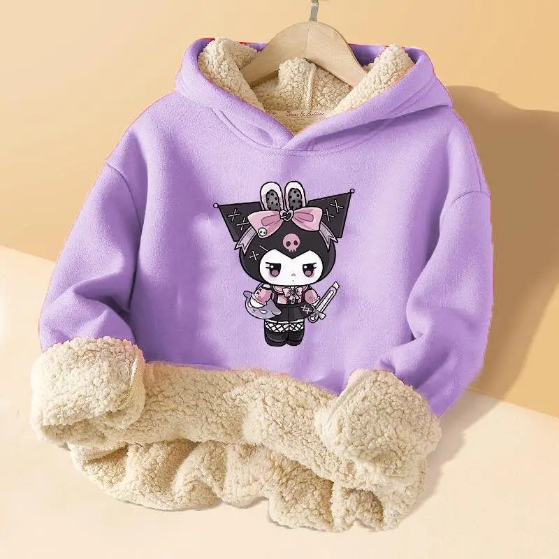 

Популярная утепленная толстовка Sanrio Kuromi для девочек, осенне-зимние теплые топы для детей, каваи, аниме, мультфильм, модная новая стильная повседневная одежда