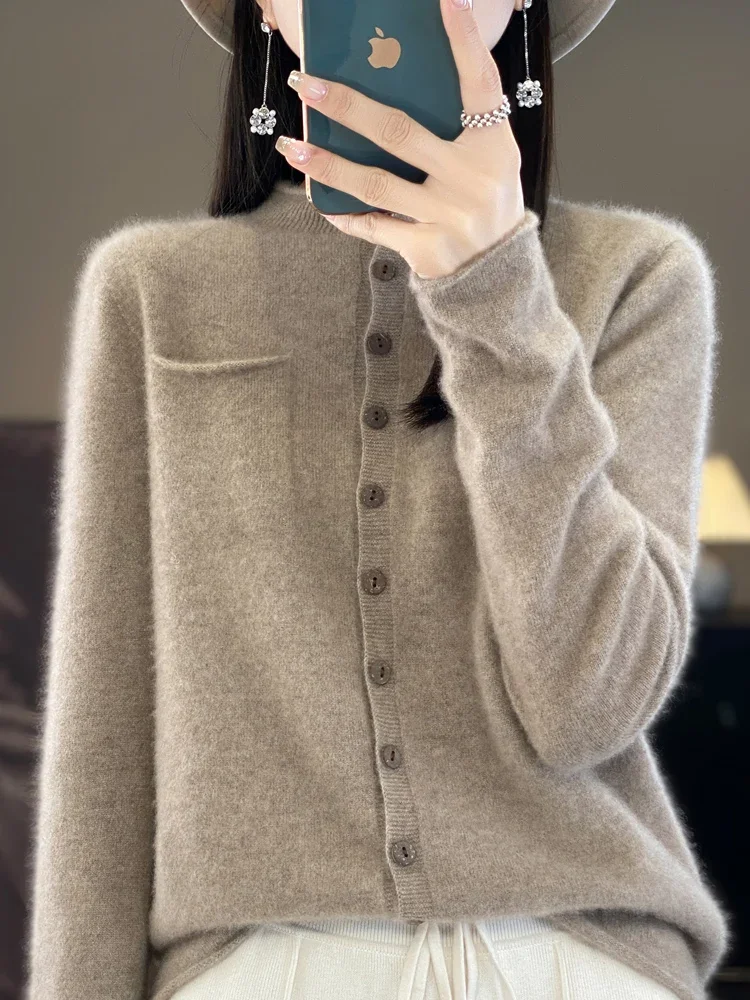 2024 Fashion Women Sweater Spring 100% Pure Merino Wool Cardigan Ruffled-collar Jacket Female Clothing Grace Knitwear Tops F647