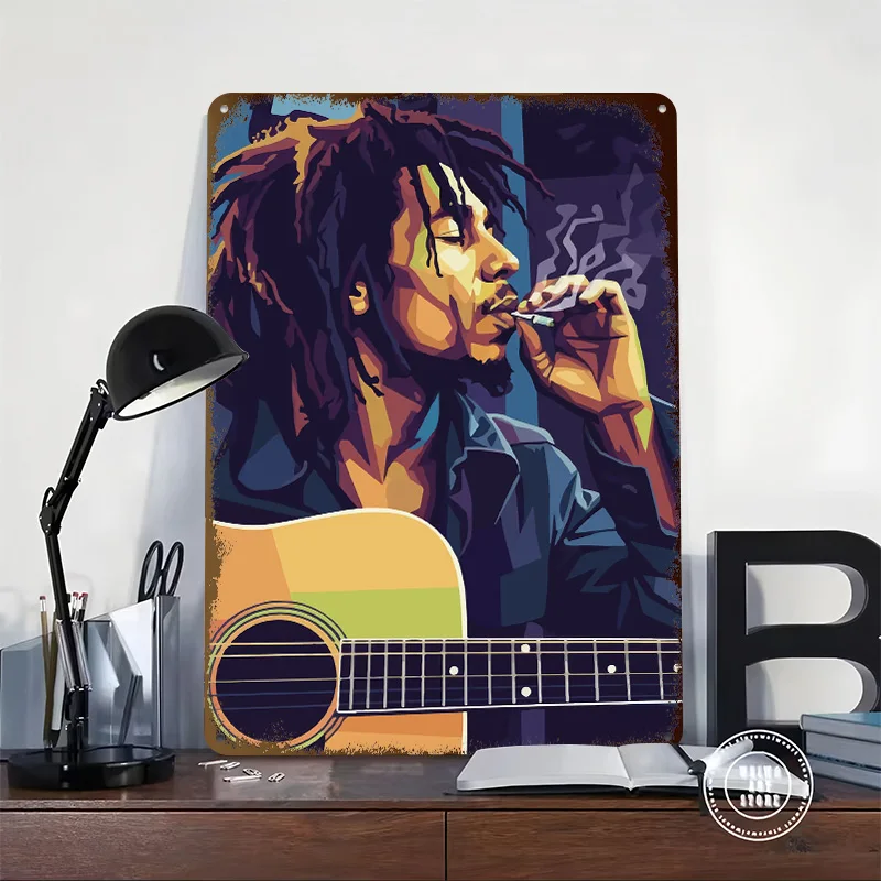 Bob Marley With Guitar Digital Art Printing Poster Customized Retro Wall Art Vintage Metal Signs for Room Decoration Garage Home