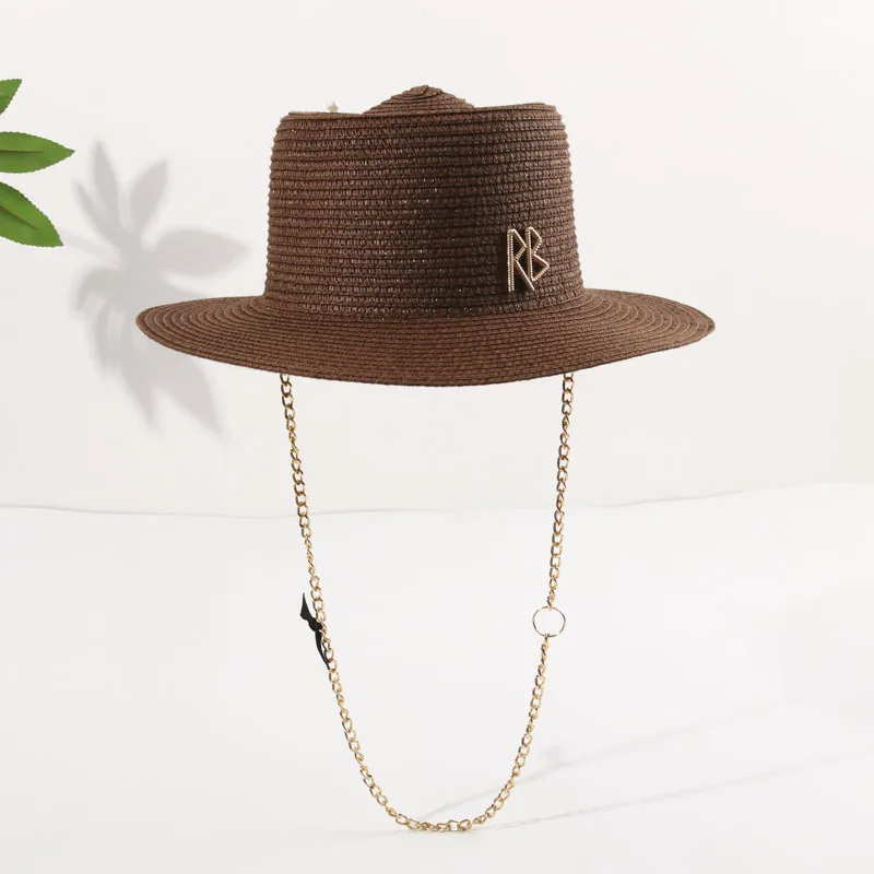 Women's Summer RB Straw Hat Round Ring Indented Crown Woven Vintage Sun Beach Fedora