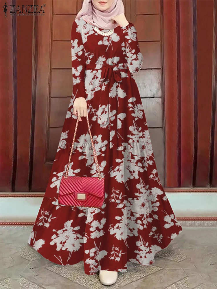 Spring Fashion Floral Printed Sundress Muslim Hijab Dress Abaya ZANZEA Women Long Sleeve Dubai Maxi Robe Isamic Turkey Vestidos 4
