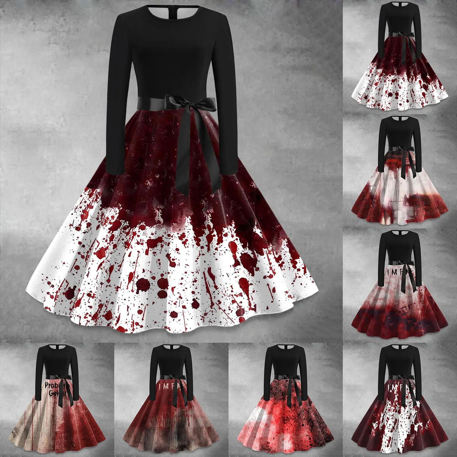 Ladies' Halloween Bloody Print Casual Party Sexy Long Sleeves Short Dress Lace Formal Dress plus Size Women Cosplay Dress