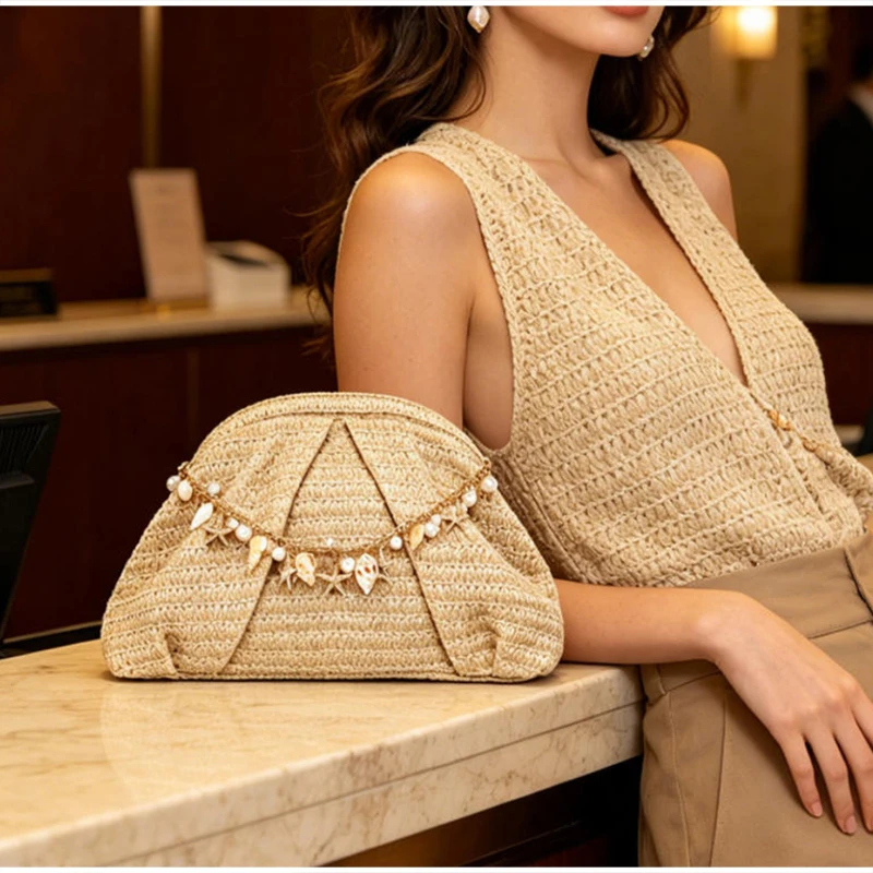 Vintage Häkel-Clutch, Retro-Handtasche für Damen, Sommer Boho Nieten-Dekor, gerüschte Handtasche mit wolkenförmigem Verschluss – Detail 10