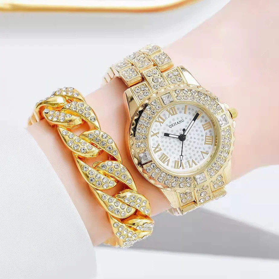 

2PCS Simple Iced Out Watch Cubana Bracelet for Women Bling Bling Luxury Gold Watch Women Jewelry Wholesale Relojes Para Mujer