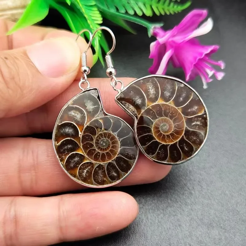 5pairs Natural Ammonite Snail Conch Shell Healing Stone Fashion Dangle Hook Earrings For Women Jewelry