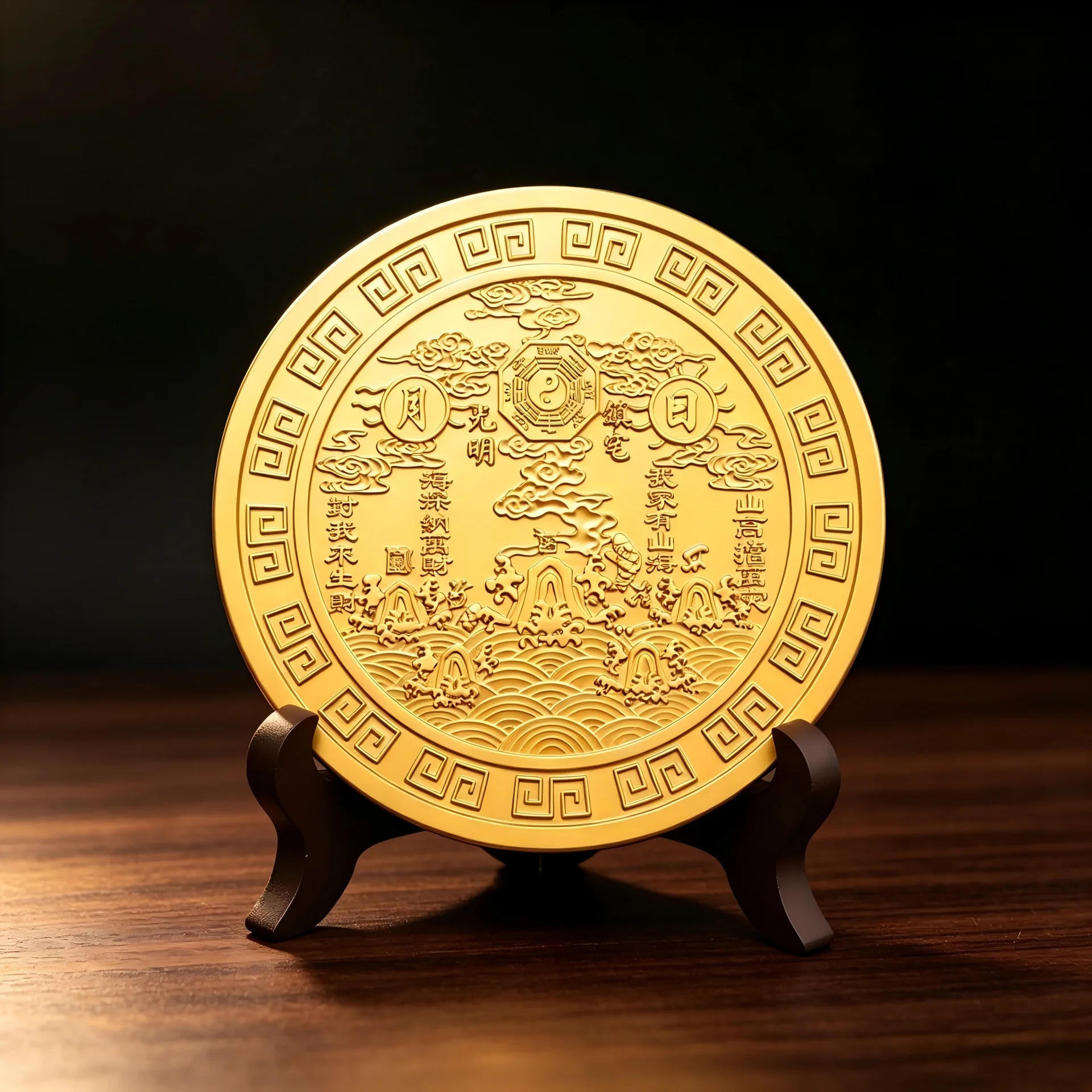 

Sun Moon Golden Mountain Sea Town Double-sided Relief Chinese Style Home Office Desktop Wealth Attracting Feng Shui Decorative