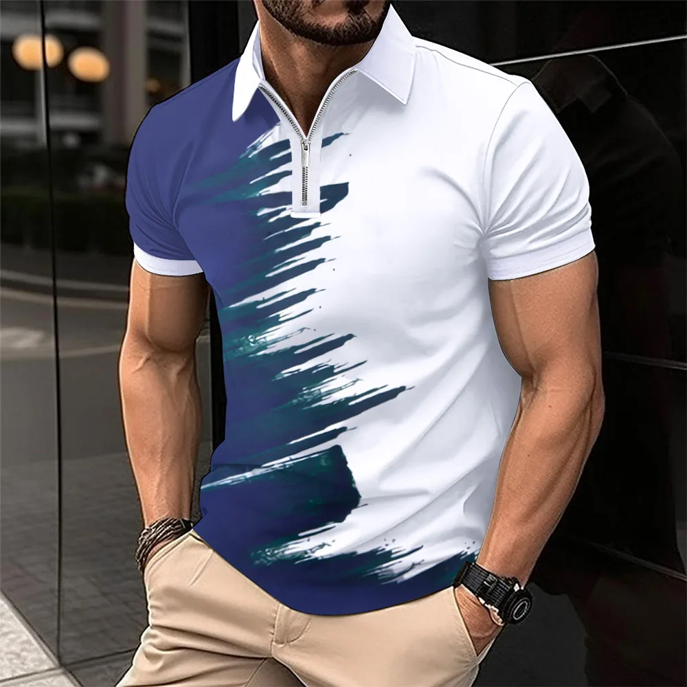 

3D HD Printing Abstract Striped Art Men's Summer Loose Sport T-shirt Trend Style Breathable Fashion Beach Y2K Zipper polo Shirt