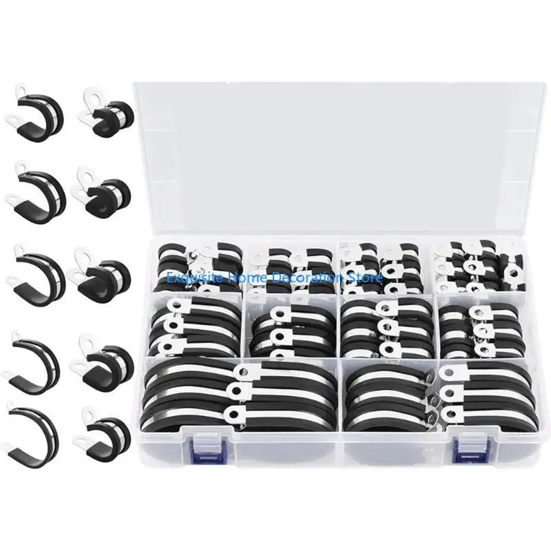 L5BF 110Pcs Stainless Steels Rubber Cushion Pipe Clamps Metal Wire Clamps Easy Use
