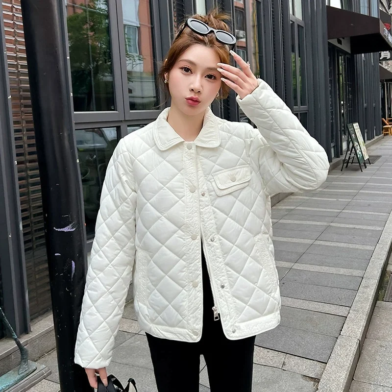 Women Lightweight Cotton Jacket 2025 New Diamond Grid Autumn Winter Short Small Fragrance Jacket Female Cotton Padded Outerwear