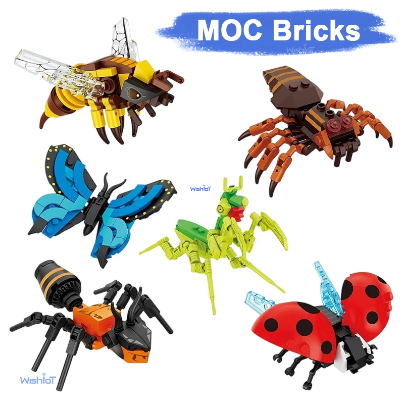 

MOC Insect Series Model Butterfly Bee Praying Mantis Spider Ant Ladybug Assembled Building Blocks Bricks Kid DIY Educational Toy