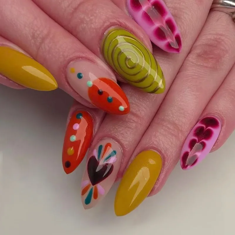 

24PCS Colorful Polka Dots Almond False Nails with Glue Golden Swirl Lines Fake Nails Sweet Heart Design Nails Press on Wearable