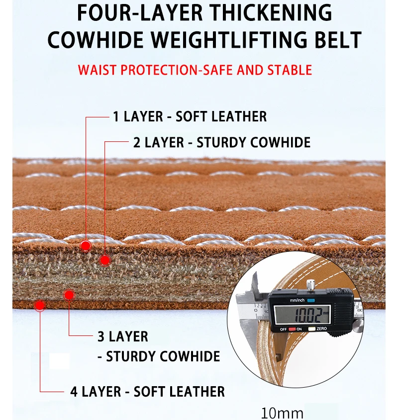 Pure Cowhide Weight Lifting Belt, Waist Protector, Strength Training, 4-Layer Leather, Powerlifting Brace, 10mm Thickness