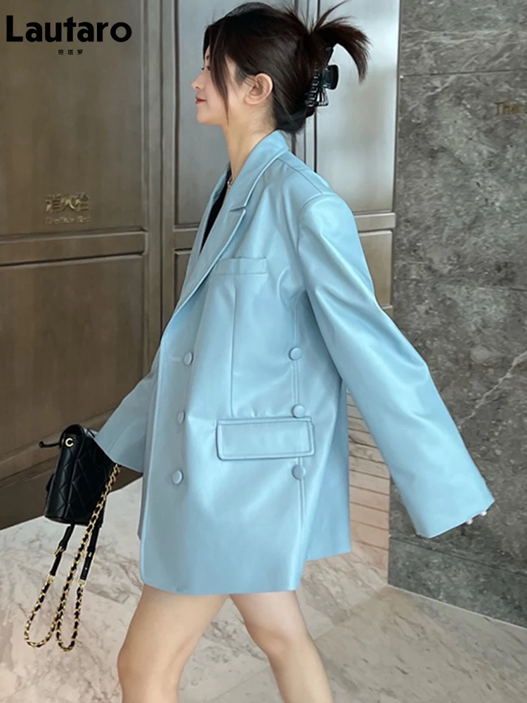 Lautaro-Women's Soft Leather Blazer with Back Slit, Oversized Jacket, Long Sleeve, Luxury Designer Outerwear, Blue, Spring