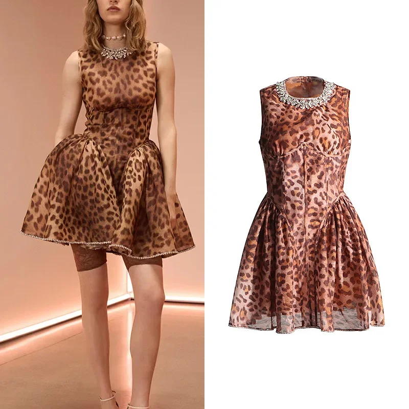 

fashion high-end leopard print short skirt 2024 summer new round neck diamond studded waist cinching dress for women dresses