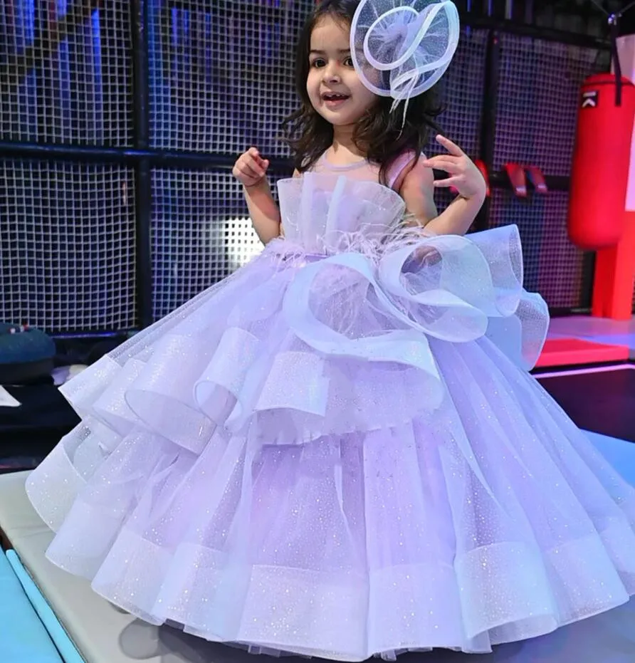 Puffy Ball Gown New Coming Flower Girl Dress with Head Pin Princess Party Birthday Gown Pageant Dress Kid Size 1-14T