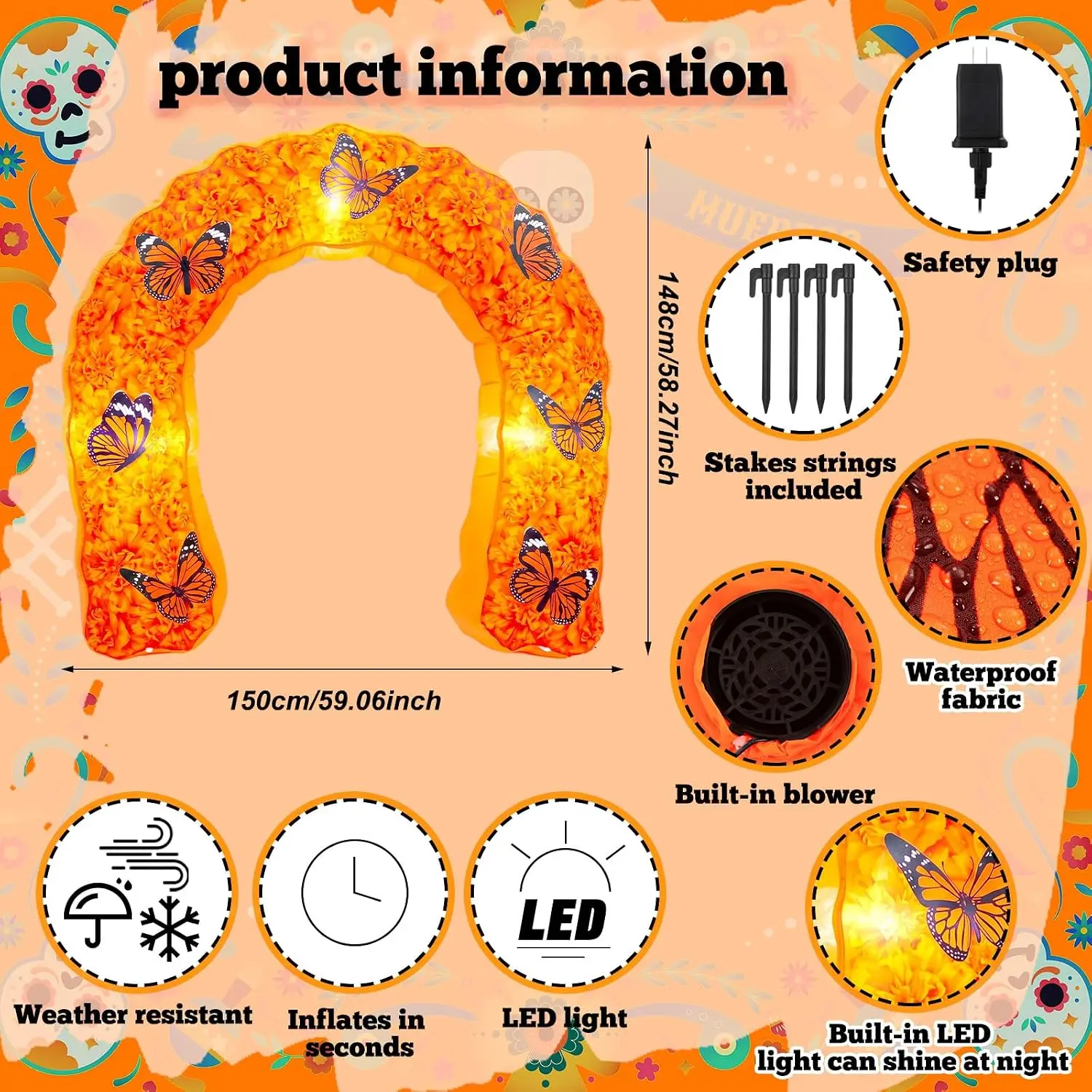 5 ft Day of the Dead Inflatable Marigold Archway-Dia De Los Muertos Altar Decoration Arch with LED Lights, Monarch Butterfly Mem