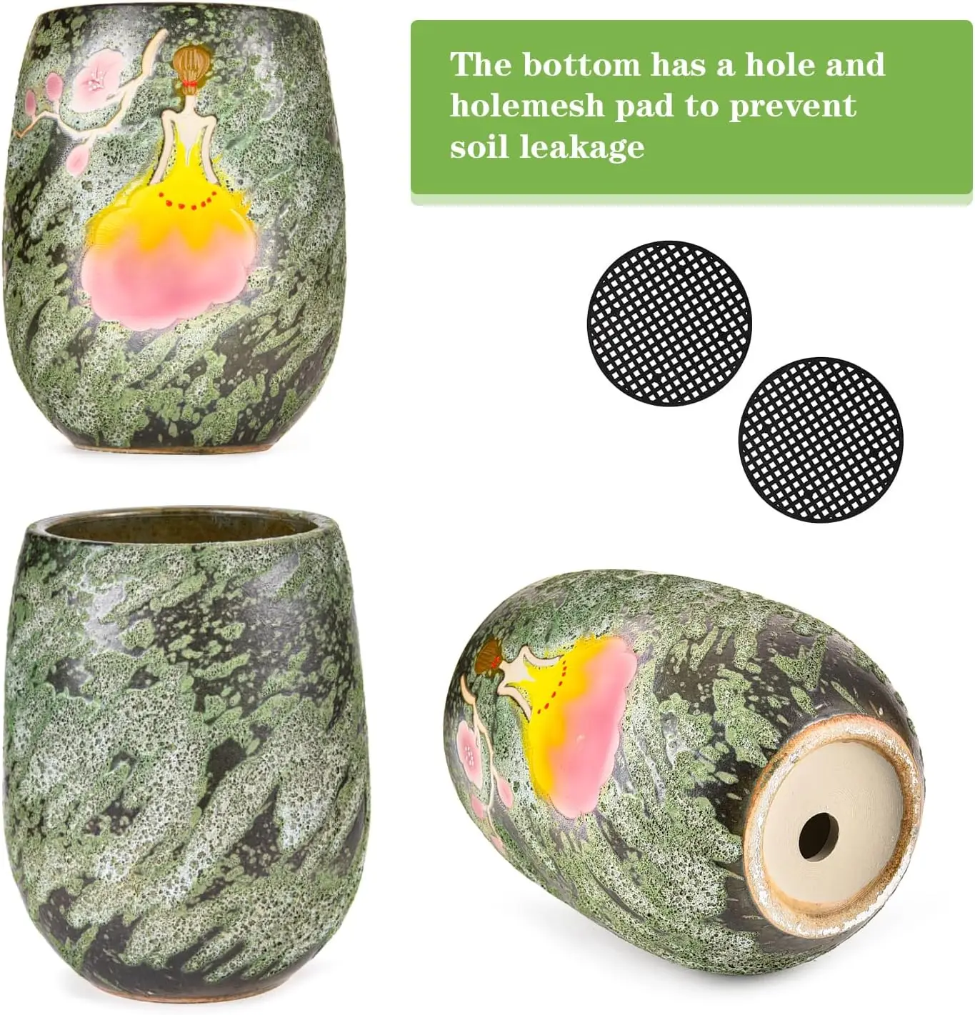 Indoor and Outdoor Decor, Ceramic Succulent Plant Pot, 10.6 Inch, Hand Painted, Drainage Hole