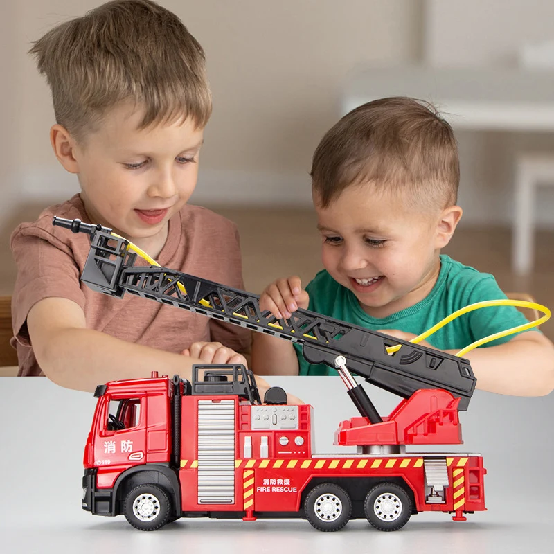 Children\'s large alloy fire ladder car toy 1/30 city rescue vehicle sound light water spray toy boy gift