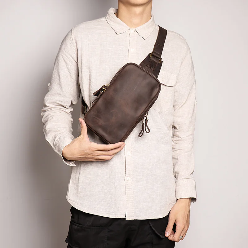 Vintage men's leather bodysuit chest bag mad horse leather messenger bag large capacity shoulder bag cow leather small bag