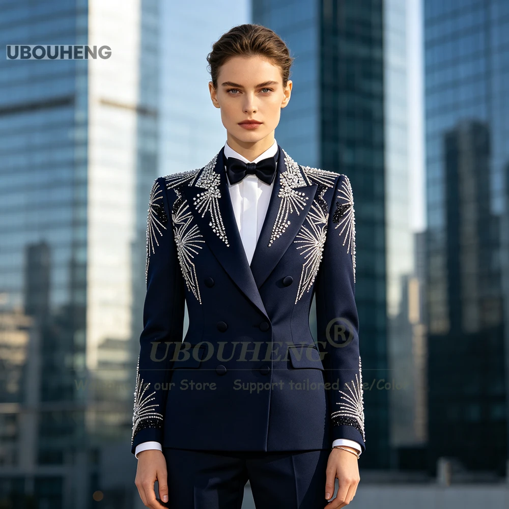 Brilliant Crystals Beading Suits Women Slim Fit Navy Blue Bride's Mother Dress Customized Double Breasted Lady Business Clothing