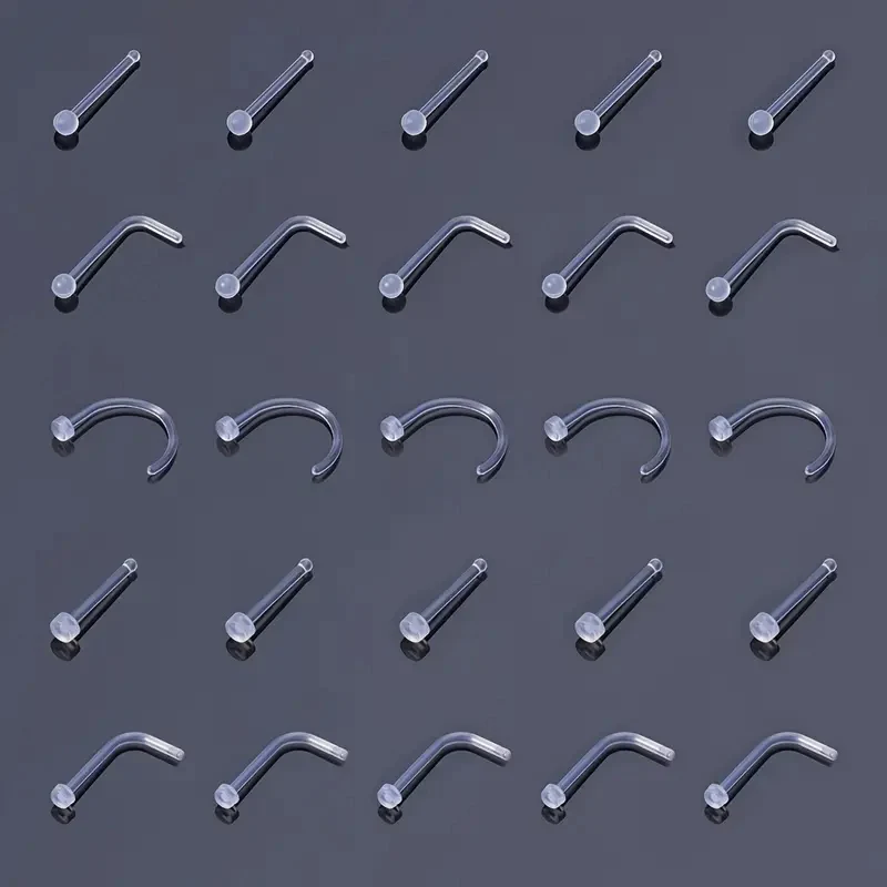 Set of 25pcs Flexible Acrylic Plastic Nose Ring Piercing Stud Earrings Clear Pin For Women Men Retainer Body Jewelry