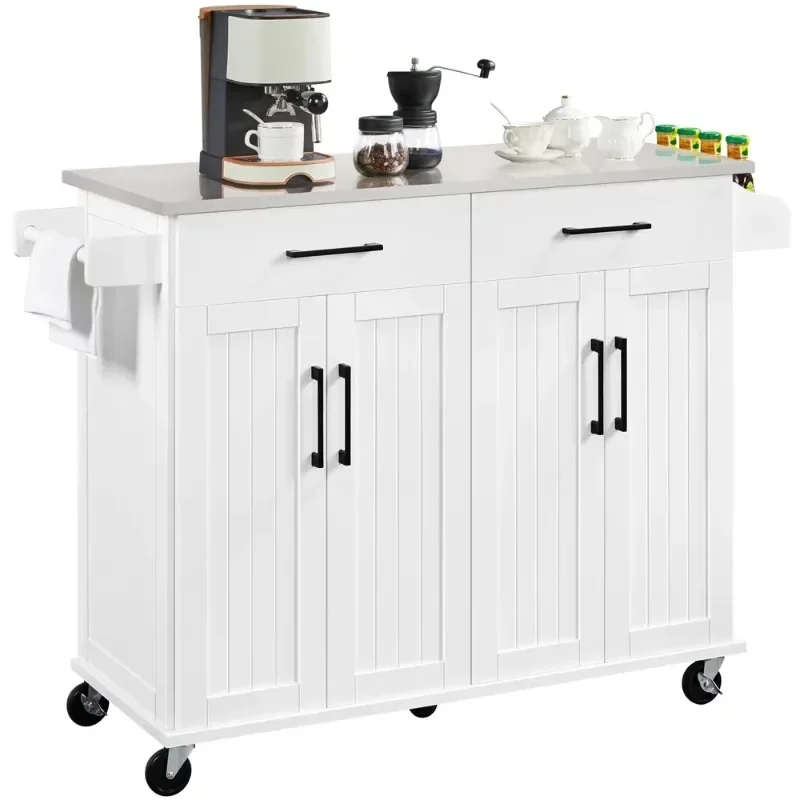 

Large Kitchen Island on Wheels with Storage Drawers & Cabinets, White