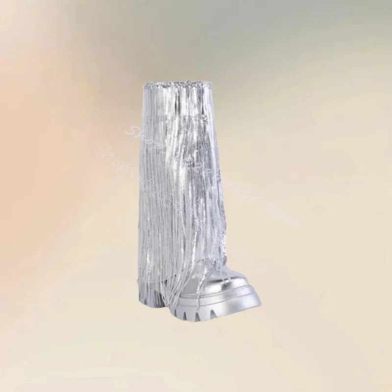 シルバータッセル装飾ウェーブパターンボトムブーツ弾性バンド女性靴ハイカットファッションパーティー宴会2024 zapatos para mujer