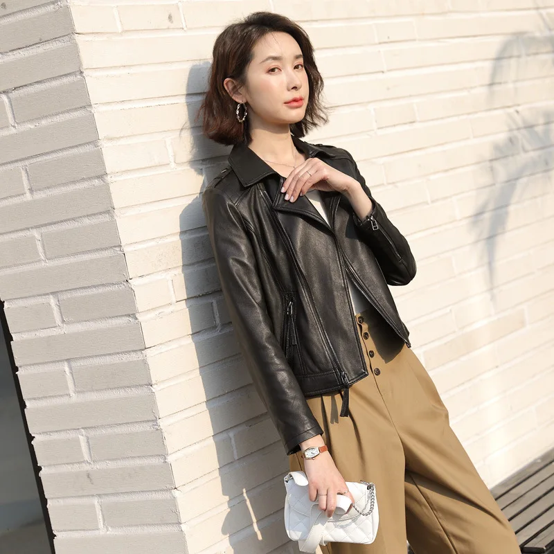 New Spring and Autumn Sheepskin Motorcycle Genuine Leather Women's Short Coat,Korean Version Slim Fit and Handsome Coat