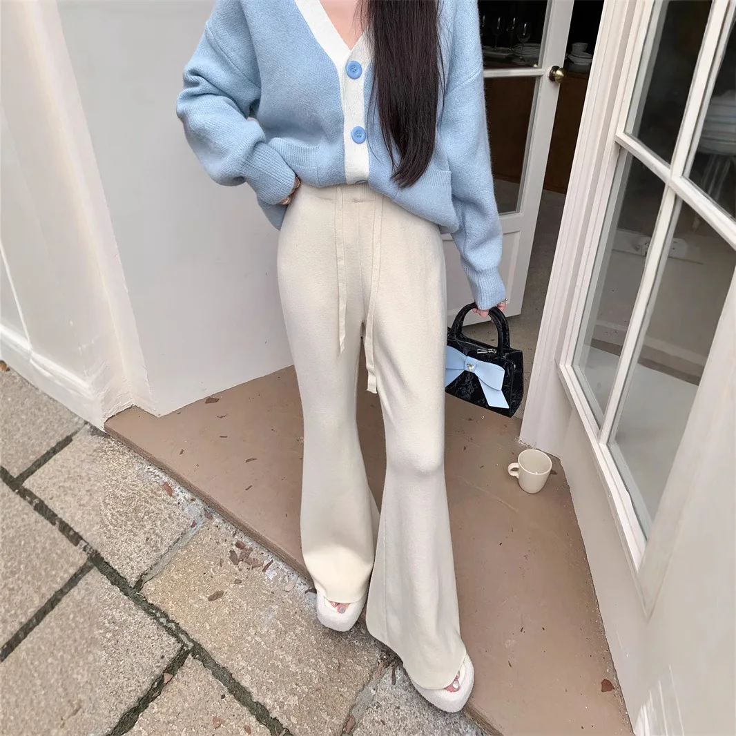 

7975 White Fleece-Lined Knitted Spring Elastic Waist Tie Thickened Flared Wool Long Pants For Women
