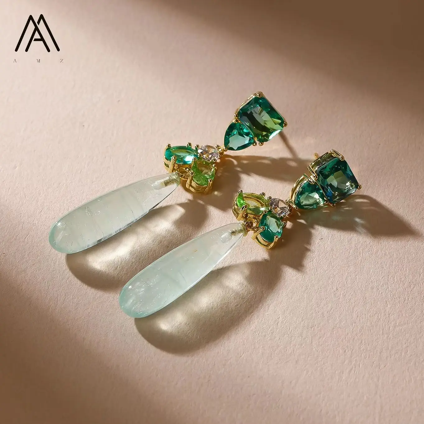Natural Green Fluorite Stone Earrings with Zircon Teardrop Charm Wedding Party Jewelry Luxury Long Dangle Earrings For Women