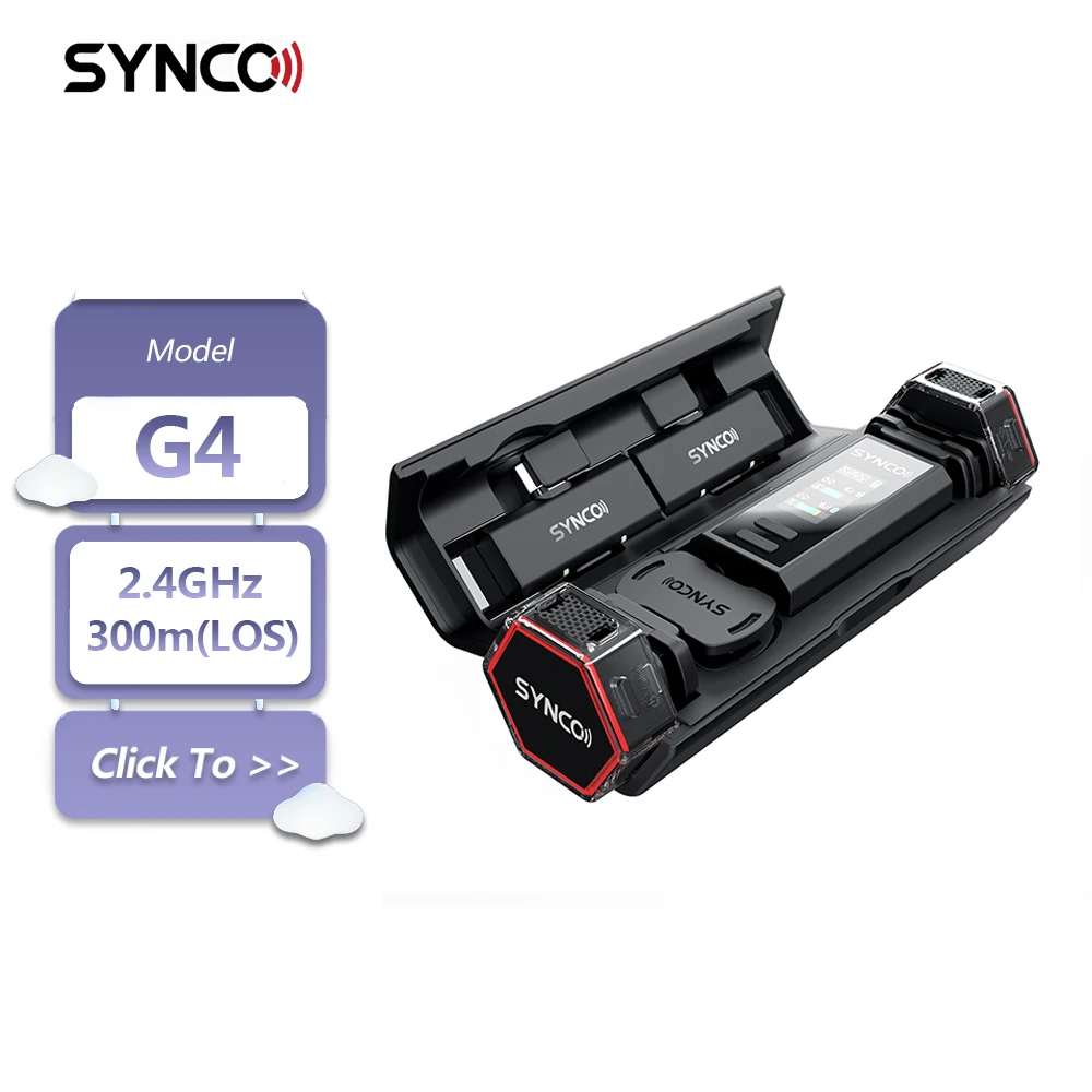 

SYNCO G4 2.4G Hz Wireless All-in-one Microphone with 300m Stable Range Intelligent Noise Cancellation Backup Track Protection