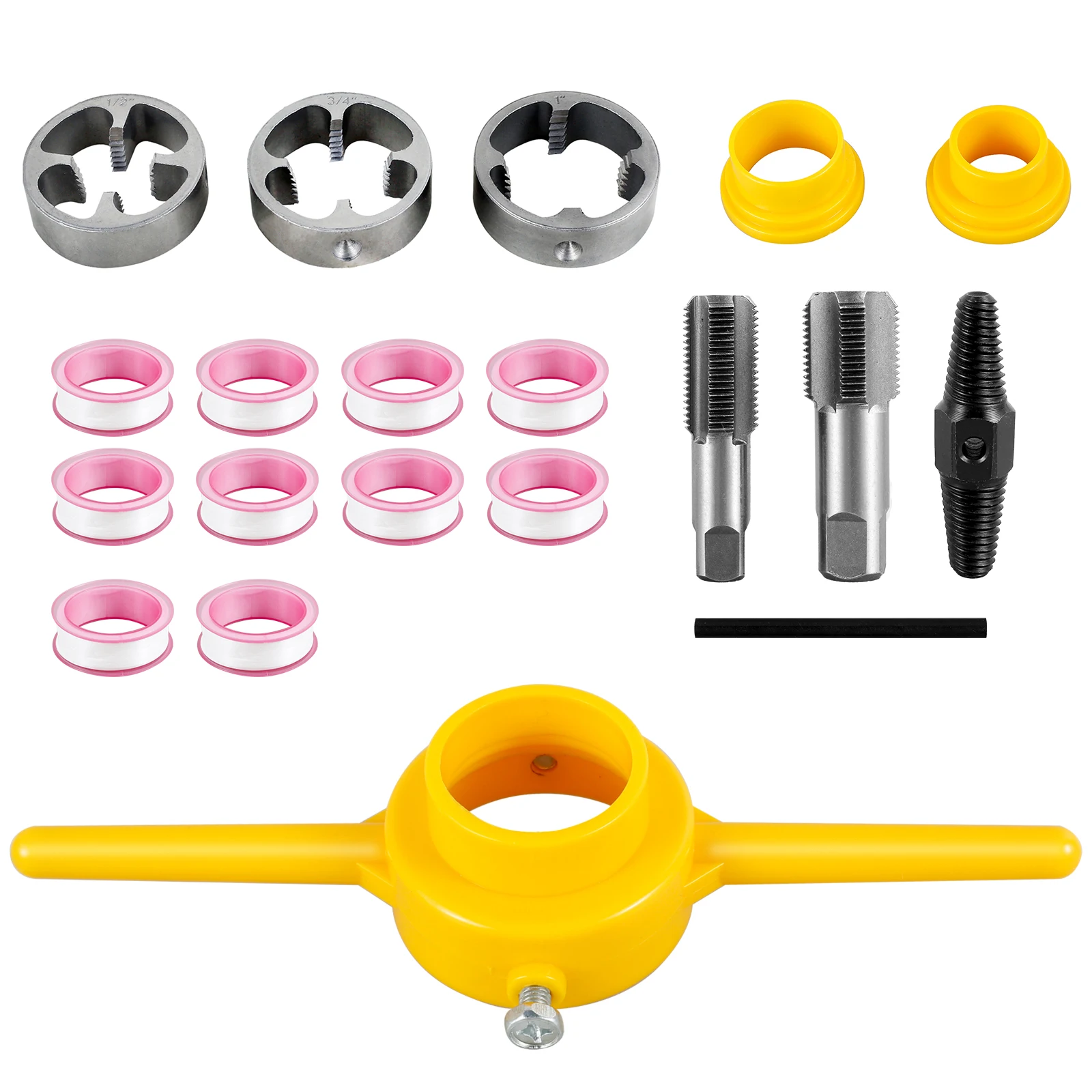 PVC Thread Maker Tool and Water Pipe Screw Extractor Kit Pipe Threader Plumbing Manual Hand Tool with 1/2inch 3/4inch 1inch Die