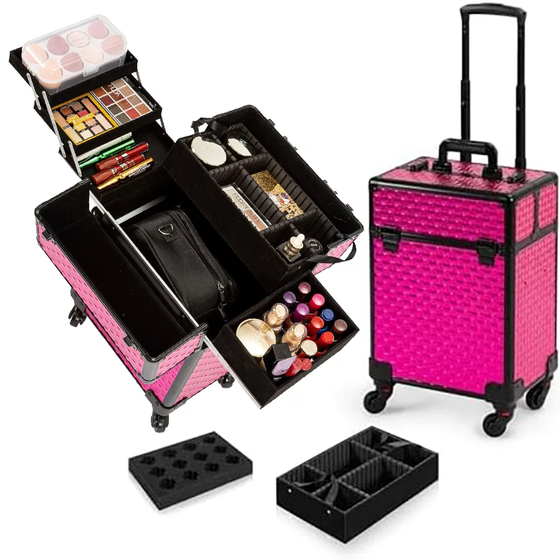 

Travel Makeup Trolley Case Rolling Luggage Makeup Toolbox Storage Beauty Salon Suitcase Aluminum Travel Train Case on Wheel