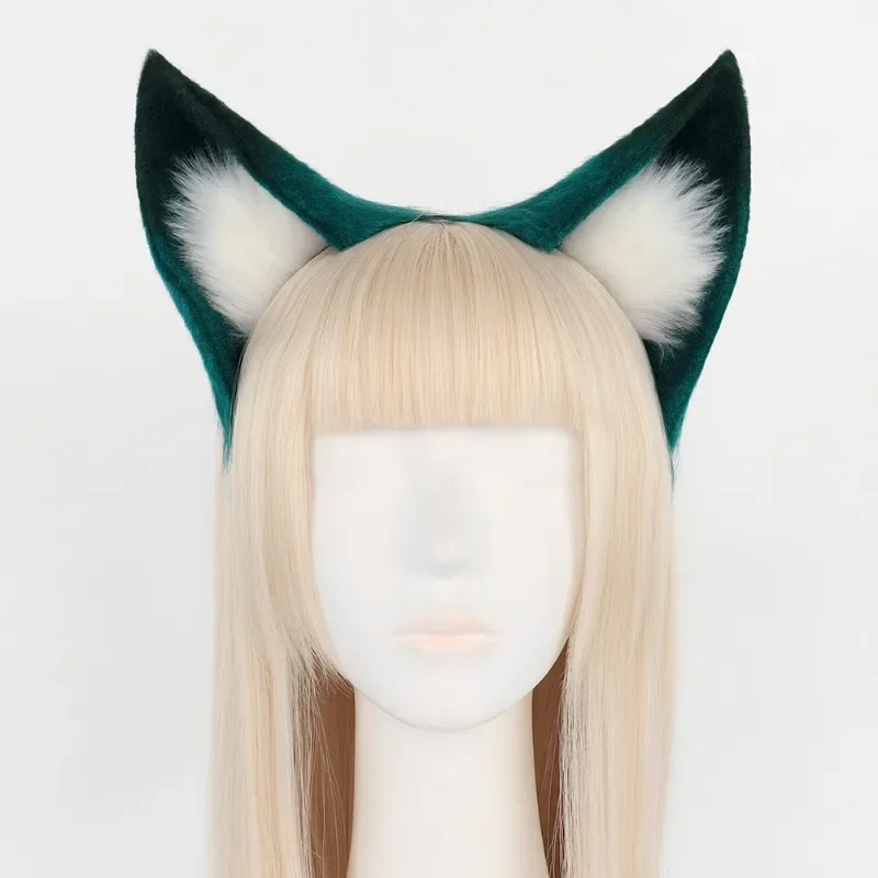 Gradient Teal Fox Ears Headband Fluffy Light Green Fox Tail Set Adjustable Belt Cosplay Furry Costume Set