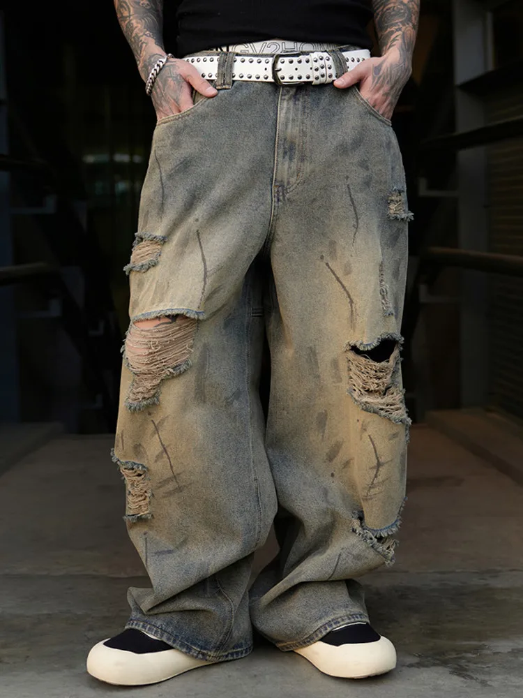 

Мужские джинсы в стиле ретро-американский слэш, свободного кроя, прямые штанины, с эффектом выцветания и рваными элементами, в стиле хип-хоп, для ночных клубов и рэпа, из смесового хлопка и полиэстера.